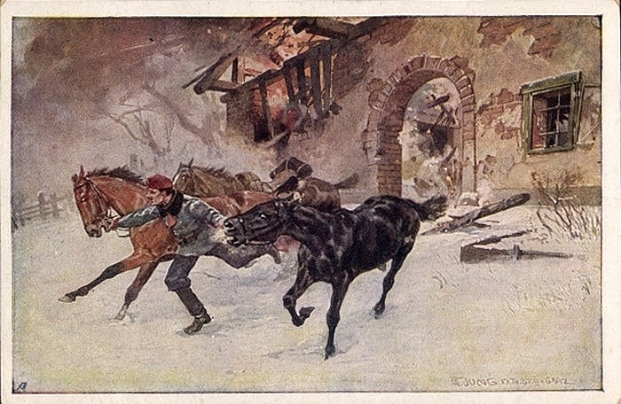 Капрал Franz Vesely из 5-го уланского полка спасает лошадей