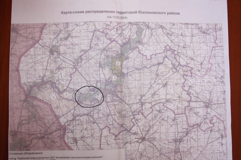 Карта Балашовского района, участок леса обведен в круг.