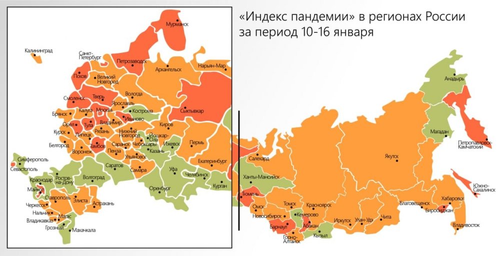 «Индекс пандемии» в регионах России за период 10-16 января.