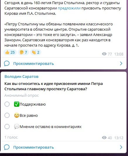 Опрос в Telegram-канале сторонников Володина