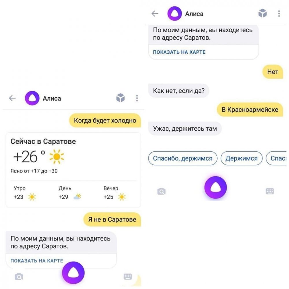 Ужас, держитесь там. Саратовцев насмешил ответ голосового помощника Алисы про погоду в Красноармейске