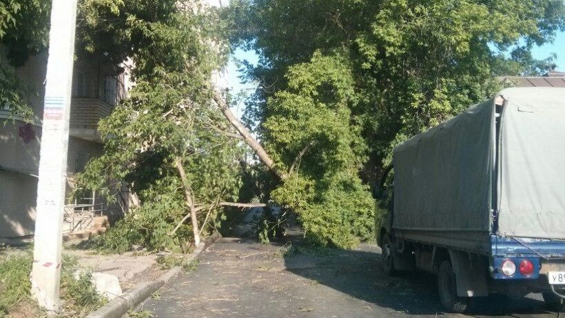 На улице Валовой из-за урагана дерево сломалось и перекрыло дорогу